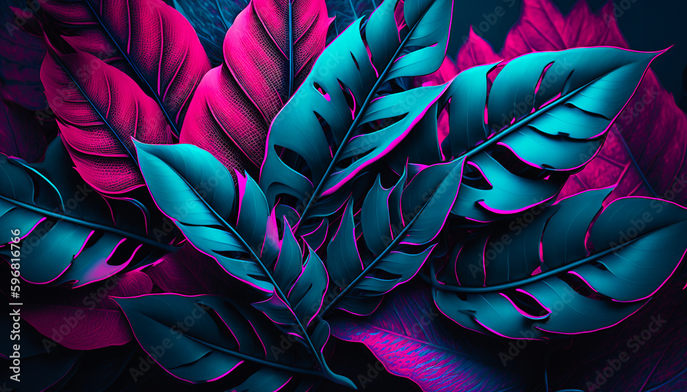 Pastel blue and viva magenta tropical plant leaves background. Generative AI. Pastel blue and viva magenta tropical plant leaves background. Generative AI.
