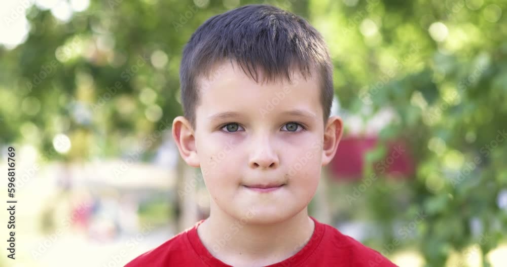 Closeup portrait of little boy standing in sunny park outdoors Closeup portrait of little boy standing in sunny park outdoors