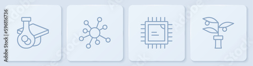 Set line Graduation cap, Processor CPU, Molecule and Plant breeding. White square button. Vector