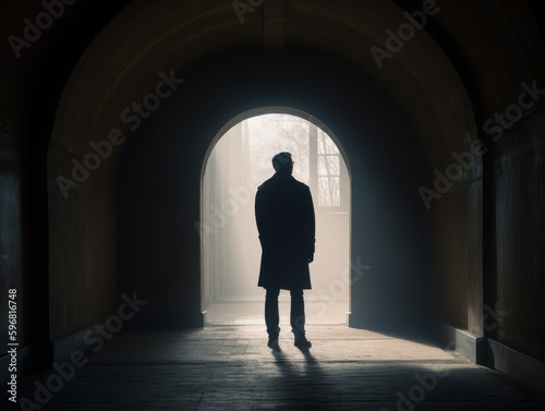 A person standing inside a tunnel or archway, with the opening acting as a frame for the subject