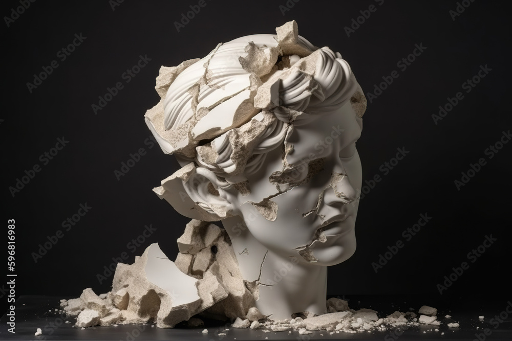 Broken ancient greek statue, destroyed marble bust, cracking sculpture