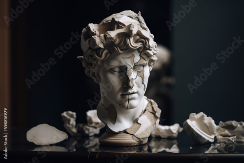 Broken ancient greek statue, destroyed marble bust, cracking sculpture, roman bust, hellenic bust, concept of depression, memory loss, mental illness, dementia, alzheimer's disease. Generative AI