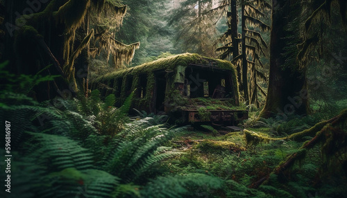 Fotografie, Tablou Abandoned train wreck, in the middle of a dark forest with moss