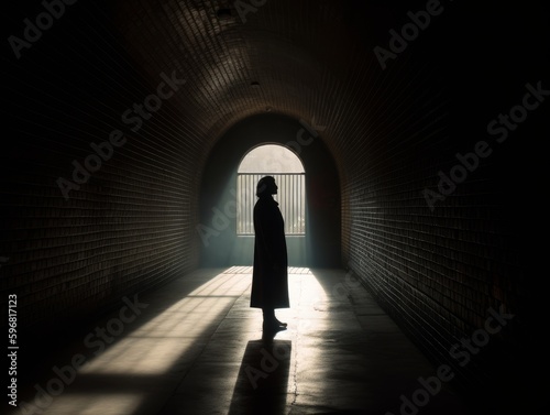 A person standing inside a tunnel or archway  with the opening acting as a frame for the subject