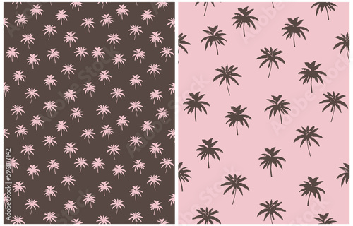 Vintage Style Palm Trees Seamless Vector Pattern. Brown and Light Pink Tropical Forest Design for Textile, Wrapping Paper. Aloha Party Decoration. Hand Drawn Palms on a Brown and Pink  Background.
