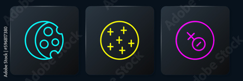 Set line Eclipse of the sun, Venus symbol and Full moon. Black square button. Vector