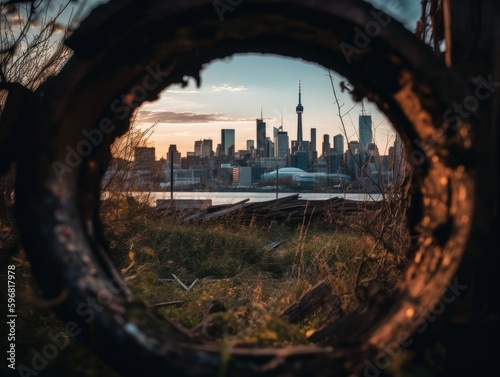 A photo of a city skyline taken through a hole in a fence