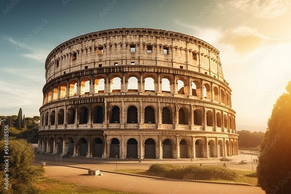 Morning at Rome's Colosseum, a key attraction & landmark of Italy's capital with stunning architecture. Generative AI