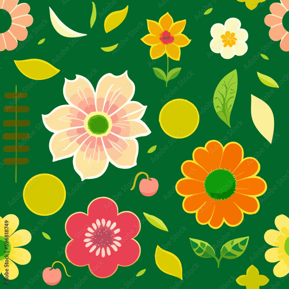 Set of flat floral stickers on a green background. Vector illustration for print	