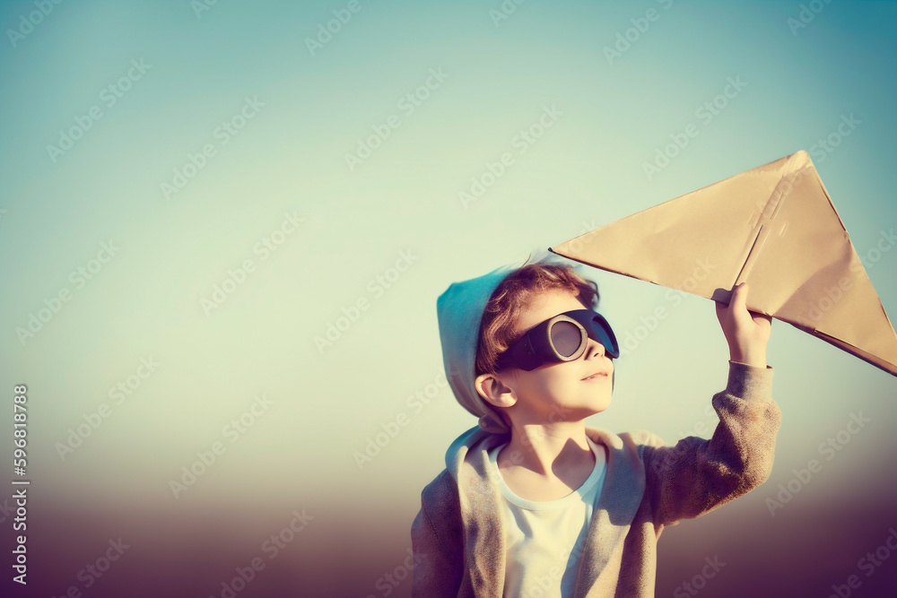Illustration, kleiner Junge mit Fliegerbrille und Pappflugzeug, Zukunft, Hoffnung, Innovation, Zuversicht, Generative AI - obrazy, fototapety, plakaty 