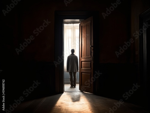 A person standing inside an open door frame  with the outside scenery visible through the doorway