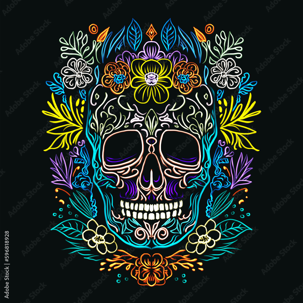 A neon colorful skull with flowers and leaves