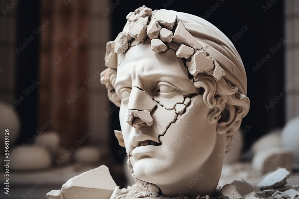 Broken ancient greek statue, destroyed marble bust, cracking sculpture