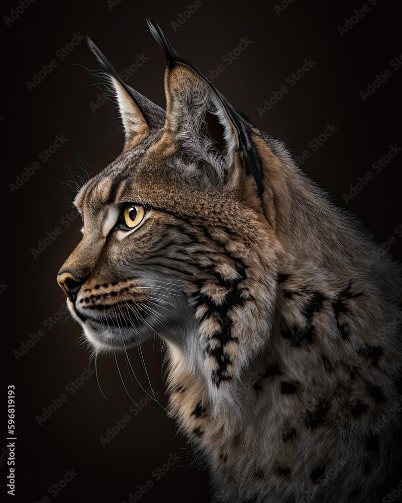 Generated photorealistic profile portrait of a lynx with yellow eyes