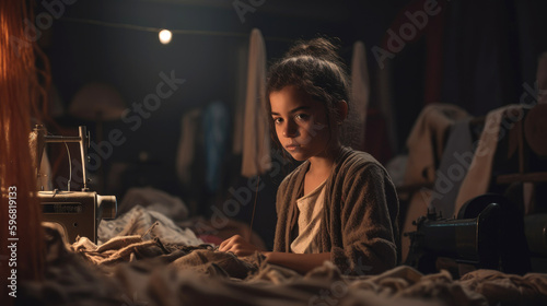 A young girl working in a sweatshop, surrounded by piles of fabric and sewing machines. Child labor and exploitation. Generative AI © piai