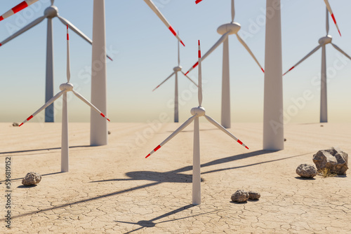 large wind farm with multiple windmills in desert environment; renewable energy and climate change concept; 3D Illustration
