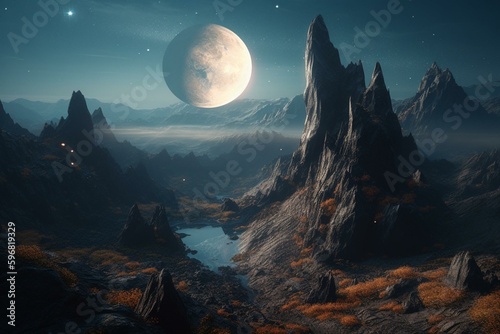 An Earth-like planet with several moons, located in a faraway alien world. Generative AI