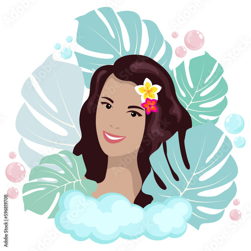 Abstract face of a smiling brunette girl framed by tropical leaves and foam bubbles on a white background