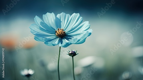 Close-up einer schönen blauen Blüte vor verschwommen Gartenhintergrund, Generative AI