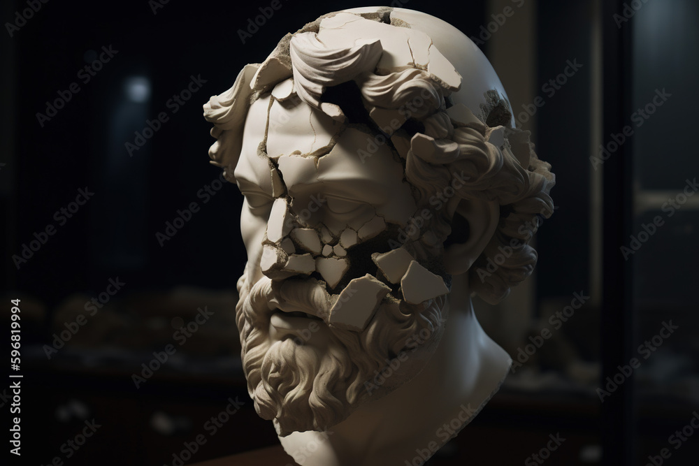 Broken ancient greek statue, destroyed marble bust, cracking sculpture