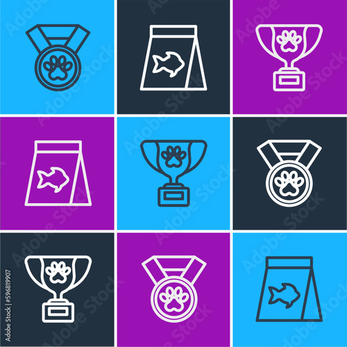 Set line Pet award symbol, and Food for fish icon. Vector