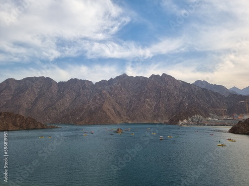 Hatta lake and mountains in Dubai, UAE.
