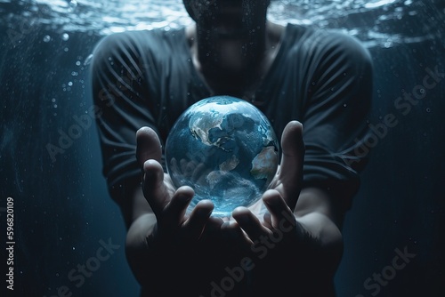 A man underwater holds a crystal ball in the shape of the planet Earth in his hands, generative AI