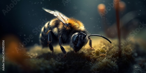 Macro Shot of Honey Bee Relaxing on Green Grass. Generative AI © Kishore Newton