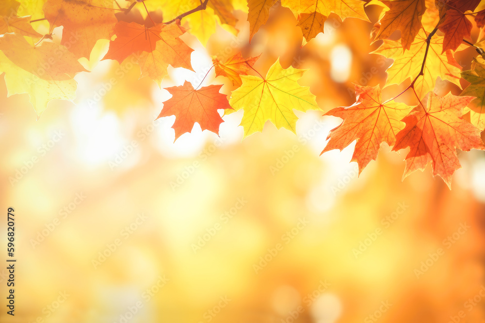 Beautiful maple leaves in autumn sunny day in foreground and blurry background. Generative AI. Beautiful maple leaves in autumn sunny day in foreground and blurry background. Generative AI.
