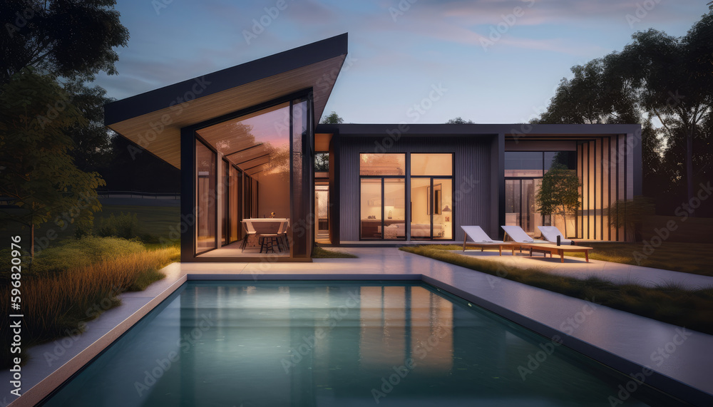 Fototapeta premium Beautiful villa with swimming pool at sunset