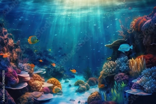 Fototapeta Naklejka Na Ścianę i Meble -  Underwater life of coral reefs, corals and fishes under water, marine life, generative AI.