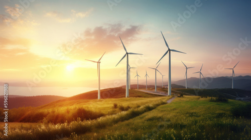 landscape with renewable and sustainable energy with wind turbines on mountain. generative ai photo