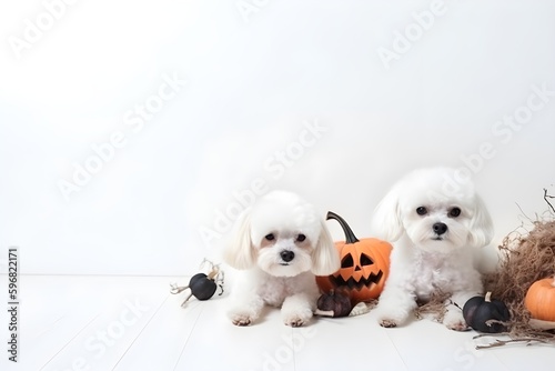 Background of Halloween cute dog. Wallpaper illustration. Front view with copy space for text information or content. Concept of Halloween party, pet life, halloween of pet. Generative AI.
