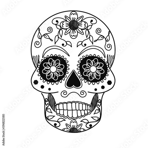 vector sugar skull,hand-drawing black and white . Coloring page