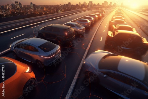Cars share info on a motorway via network. Concept for connected car. 3D render. Generative AI