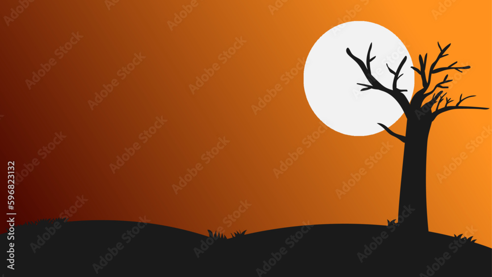 silhouette of a tree Landscape with Full moon behind a tree trunk dark ...