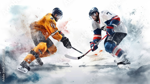 Canvas Print Illustration of a professional ice hockey players in action on white background,