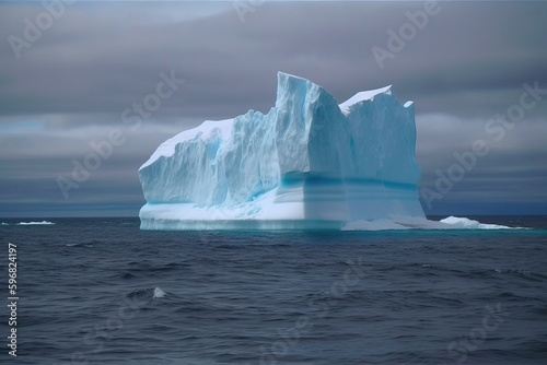 A large ice and white iceberg drifts in the ocean, generative AI.