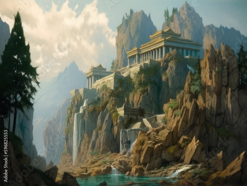 Fotografiet Fantasy 3D Illustration Palace on Mount Olympus Generative AI