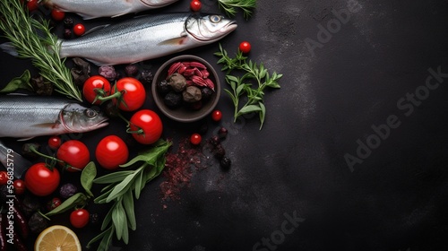 Ocean Bounty on Black Stone: Fresh Seafood with Lemon and Ice. Ideal for Menu or Poster. Generative ai