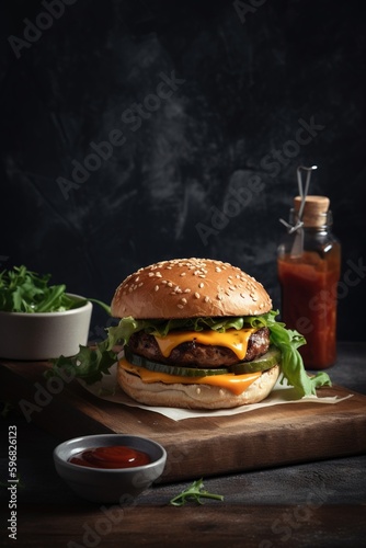 Delicious Burger Delight! Juicy patty, melted cheese, and crisp veggies on a dark backdrop. Perfectly satisfying. Generative ai