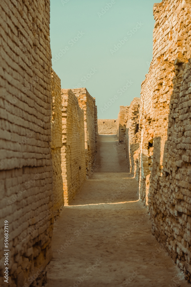 Mohenjo Daro, Sindh Pakistan - February 28, 2023: Main City Streets Indus Civilization