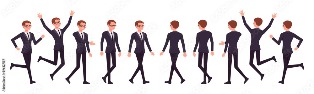 Handsome businessman set, walk, run, jump poses. Office man, busy male manager in formal suit outfit, tie for work, event, occasion. Vector flat style cartoon character isolated, white background Handsome businessman set, walk, run, jump poses. Office man, busy male manager in formal suit outfit, tie for work, event, occasion. Vector flat style cartoon character isolated, white background