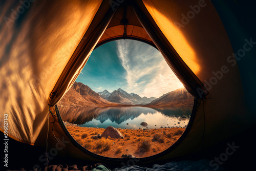 View from inside the tent to the lake and mountains. Awakening in a tent with an incredible view. Generative AI