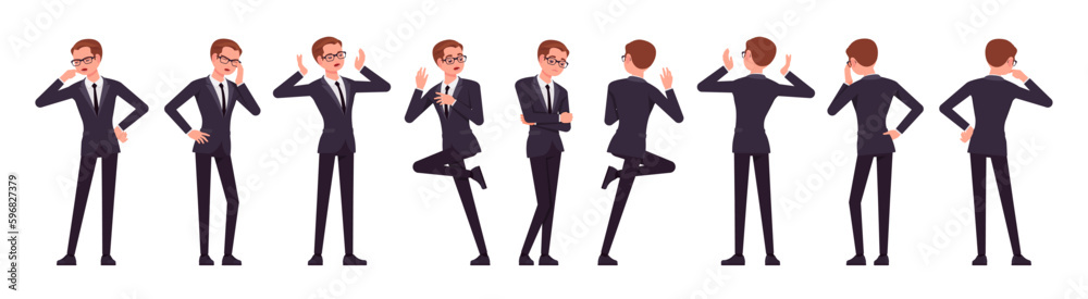 Handsome businessman set, negative emotions poses. Office man, busy male manager in formal suit outfit, tie for work, event, occasion. Vector flat style cartoon character isolated, white background