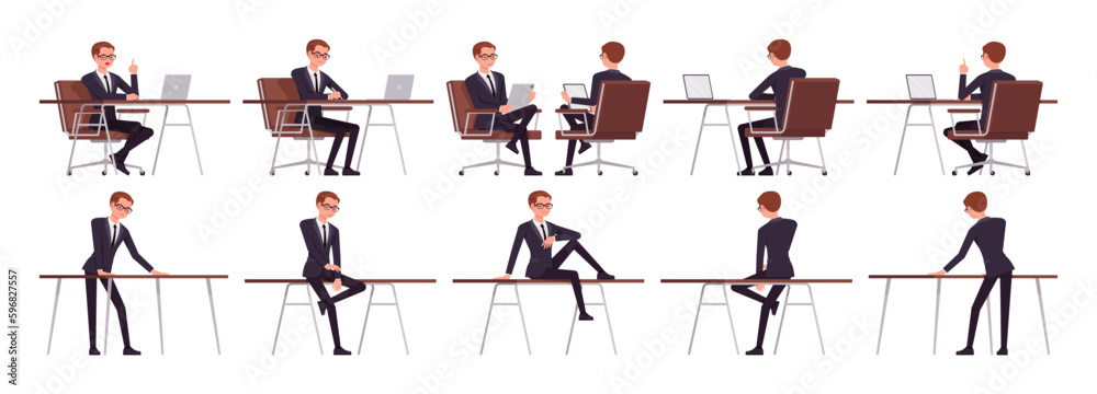 Handsome young businessman set workplace poses. Office man, busy male manager in formal suit outfit, tie for work, event, occasion. Vector flat style cartoon character isolated, white background Handsome young businessman set workplace poses. Office man, busy male manager in formal suit outfit, tie for work, event, occasion. Vector flat style cartoon character isolated, white background