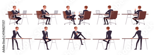 Handsome young businessman set workplace poses. Office man, busy male manager in formal suit outfit, tie for work, event, occasion. Vector flat style cartoon character isolated, white background