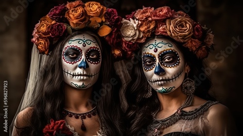 Dia de los muertos, Mexican holiday of the dead and halloween. Two Women with sugar skull make up and flowers. Generative AI © Adriana