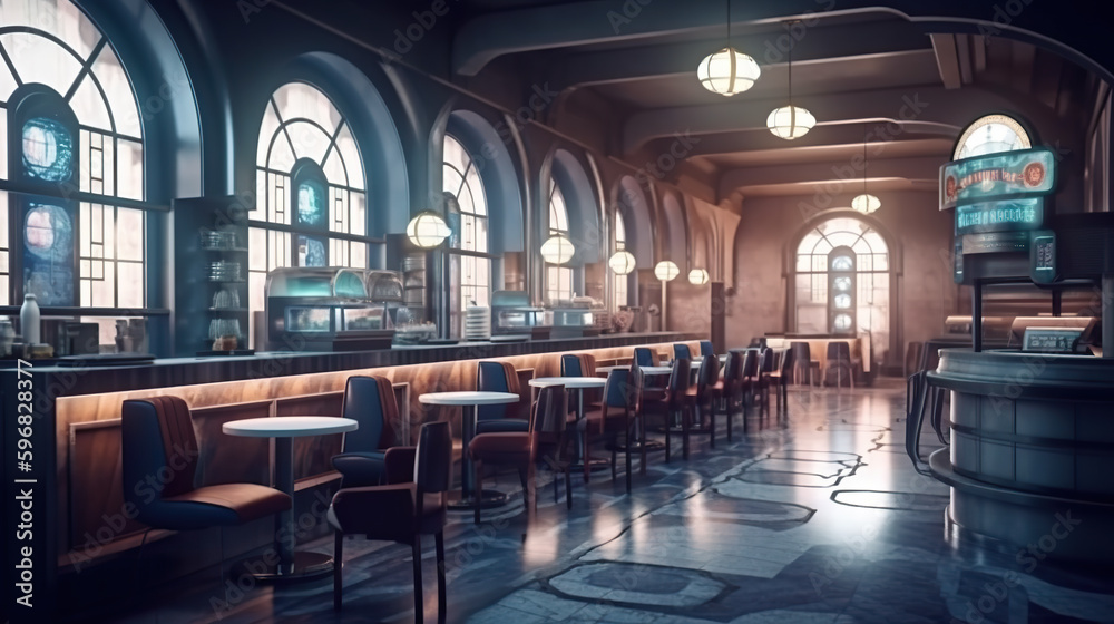 A restaurant with tables and chairs in front of large windows. AI generative. Dark academia style, victorian style mansion interior design with wooden stairs.