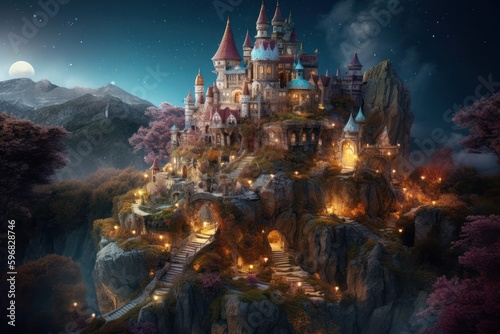 Magic Fairy Tale Castle in the mountains at night. Fantasy landscape. Generative AI